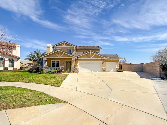 craftsman inspired home featuring a chimney, stucco siding, fence, an attached garage, and a front lawn