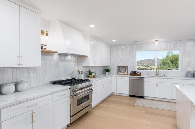 kitchen with a sink, stainless steel appliances, white cabinetry, custom range hood, and backsplash