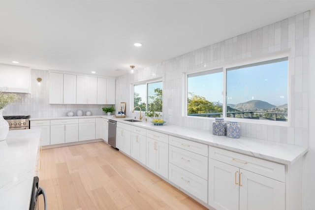 kitchen with white cabinets, light wood-style floors, a sink, and dishwasher