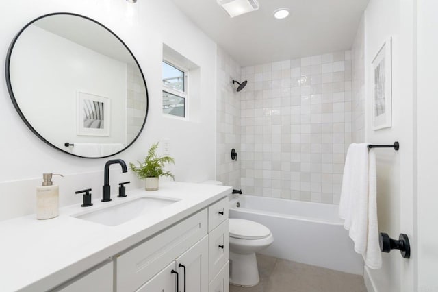 full bath featuring vanity, tile patterned flooring, bathing tub / shower combination, toilet, and recessed lighting