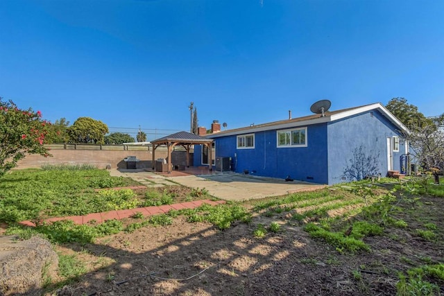 7162 Beagle St, San Diego, CA 92111 - rear view of house with a gazebo, a patio area, stucco siding, a chimney, and central AC
