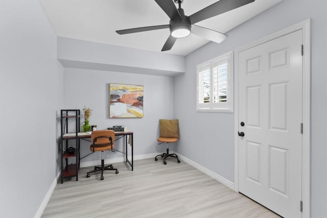 7162 Beagle St, San Diego, CA 92111 - home office with light wood finished floors, baseboards, and a ceiling fan