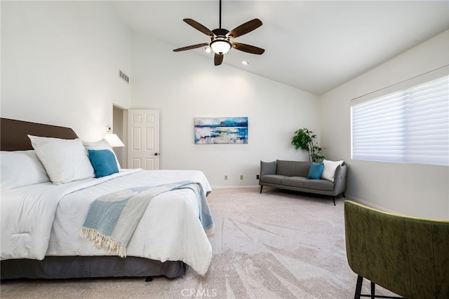 carpeted bedroom featuring recessed lighting, visible vents, a ceiling fan, baseboards, and high vaulted ceiling