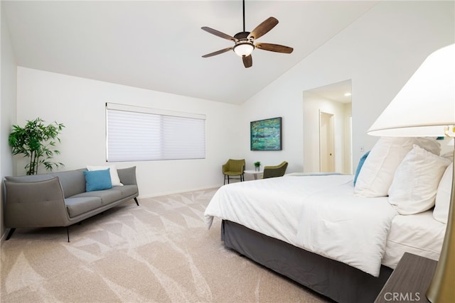 carpeted bedroom with high vaulted ceiling and ceiling fan