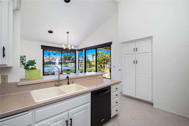 kitchen with white cabinets, light countertops, dishwasher, light tile patterned floors, and a sink