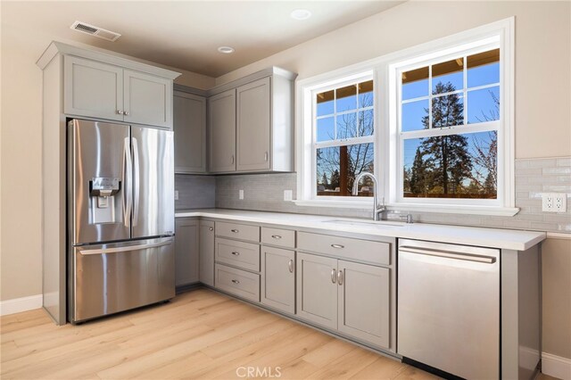 766 Willow St, Paradise, CA 95969 - kitchen featuring appliances with stainless steel finishes, gray cabinets, tasteful backsplash, and light countertops