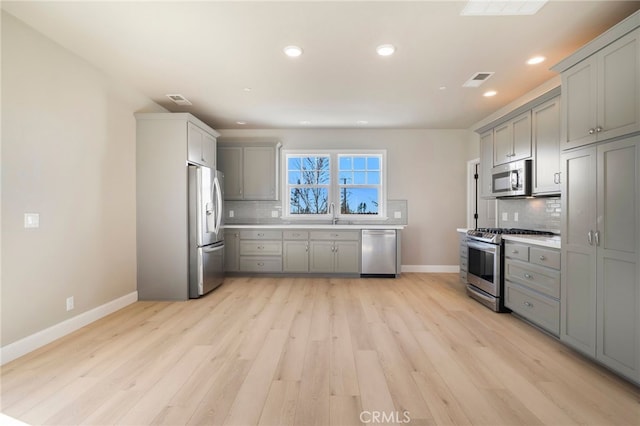 766 Willow St, Paradise, CA 95969 - kitchen featuring appliances with stainless steel finishes, gray cabinets, tasteful backsplash, light wood-type flooring, and recessed lighting