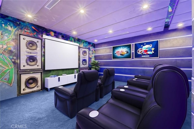 carpeted cinema featuring visible vents and recessed lighting