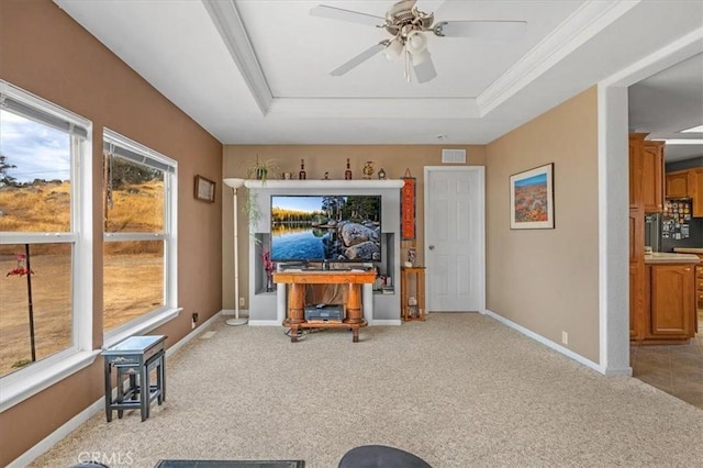 sitting room featuring a tray ceiling, visible vents, plenty of natural light, and light colored carpet