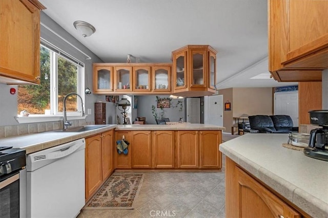 kitchen featuring glass insert cabinets, a sink, electric range, and dishwasher