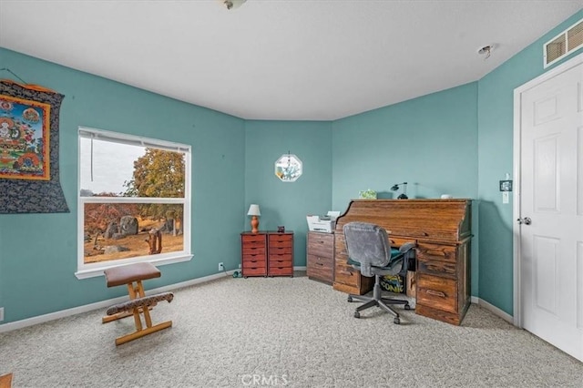 carpeted office space with baseboards and visible vents