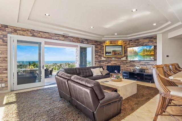 5023 Windsor Dr, San Diego, CA 92109 - tiled living area featuring a raised ceiling, recessed lighting, and a fireplace