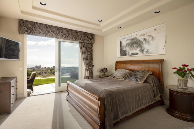 5023 Windsor Dr, San Diego, CA 92109 - bedroom featuring access to exterior, carpet flooring, recessed lighting, and a tray ceiling