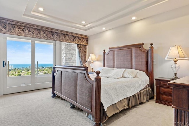 5023 Windsor Dr, San Diego, CA 92109 - bedroom with light colored carpet, recessed lighting, access to exterior, and a raised ceiling