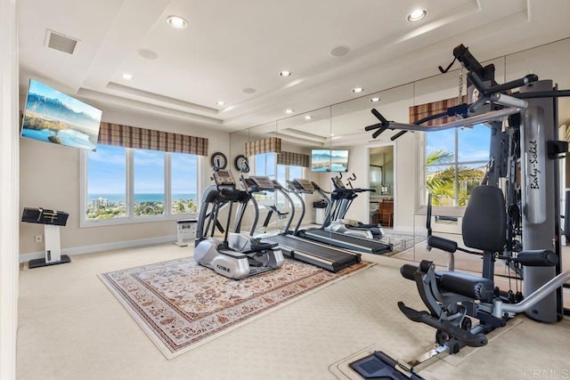 5023 Windsor Dr, San Diego, CA 92109 - exercise room with a raised ceiling, carpet floors, recessed lighting, and baseboards