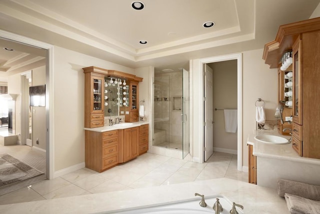 5023 Windsor Dr, San Diego, CA 92109 - bathroom with vanity, a raised ceiling, and a shower stall