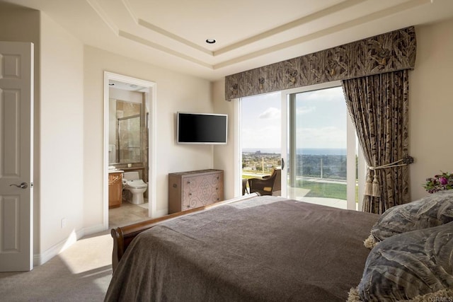 5023 Windsor Dr, San Diego, CA 92109 - carpeted bedroom featuring a tray ceiling, access to outside, and ensuite bathroom