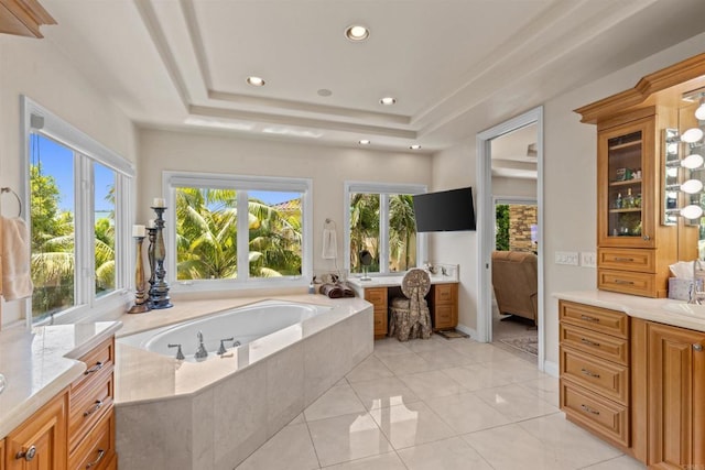 5023 Windsor Dr, San Diego, CA 92109 - ensuite bathroom with vanity, a bath, recessed lighting, a tray ceiling, and tile patterned flooring