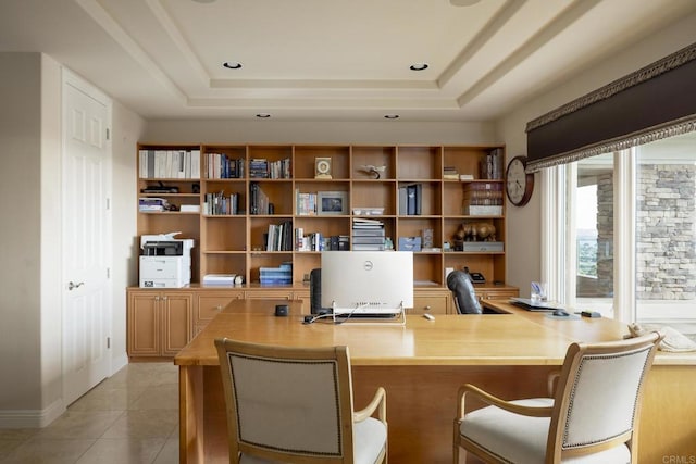 5023 Windsor Dr, San Diego, CA 92109 - office with a tray ceiling, light tile patterned floors, and recessed lighting