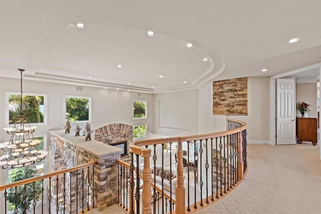 5023 Windsor Dr, San Diego, CA 92109 - hallway featuring an upstairs landing, a chandelier, recessed lighting, and light colored carpet