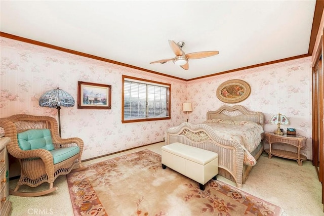 41504 Mission Dr, Palmdale, CA 93551 - carpeted bedroom featuring crown molding, wallpapered walls, and ceiling fan