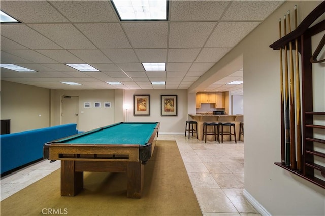 201 Calle Miramar Unit 16, Redondo Beach, CA 90277 - playroom featuring a drop ceiling, billiards table, light tile patterned flooring, and baseboards