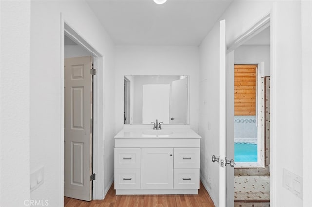 bathroom with wood finished floors and vanity