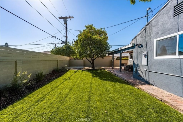 view of yard featuring a fenced backyard and a patio