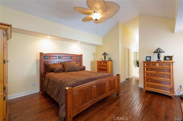 bedroom featuring high vaulted ceiling, dark wood-style floors, baseboards, and ceiling fan