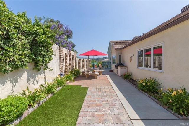 view of yard with fence and a patio area