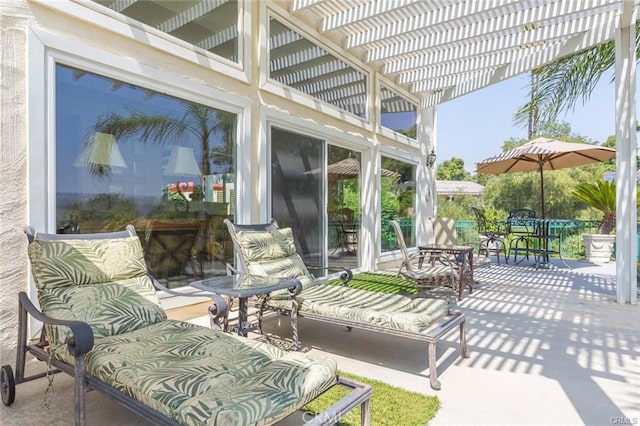 view of patio with a pergola, an outdoor living space, and outdoor dining area