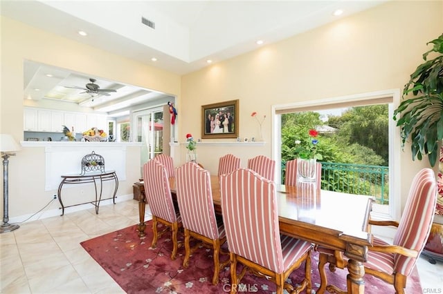 dining room featuring a wealth of natural light, visible vents, recessed lighting, and a ceiling fan