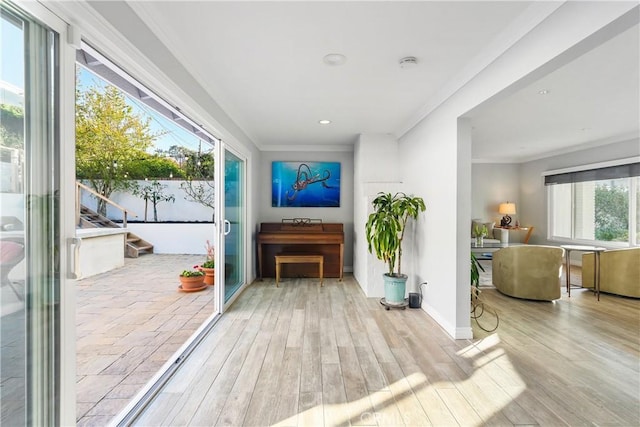 410 Via Mesa Grande, Redondo Beach, CA 90277 - hallway featuring ornamental molding, wood finished floors, and recessed lighting