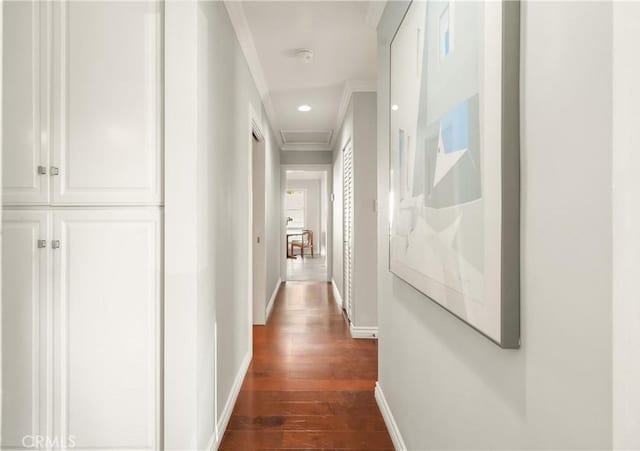 410 Via Mesa Grande, Redondo Beach, CA 90277 - hall featuring baseboards, dark wood-style flooring, attic access, recessed lighting, and ornamental molding
