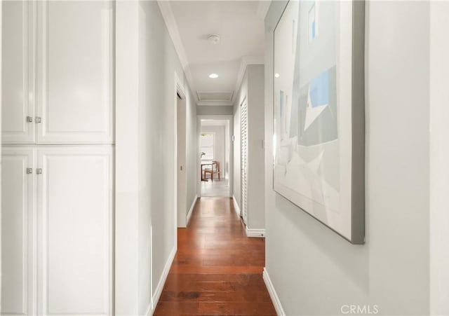 410 Via Mesa Grande, Redondo Beach, CA 90277 - corridor with dark wood-style floors, attic access, recessed lighting, and ornamental molding