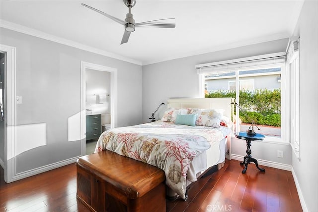 410 Via Mesa Grande, Redondo Beach, CA 90277 - bedroom with dark wood-style floors, ornamental molding, ceiling fan, and connected bathroom