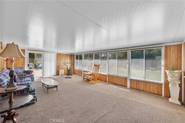 unfurnished sunroom with wooden walls, carpet floors, and a textured ceiling