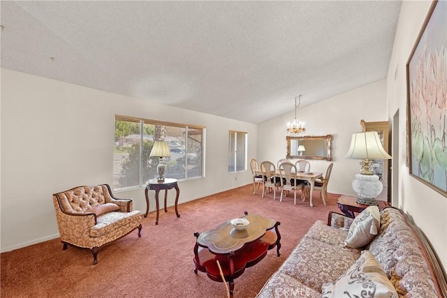 carpeted living room featuring a textured ceiling, vaulted ceiling, and a chandelier