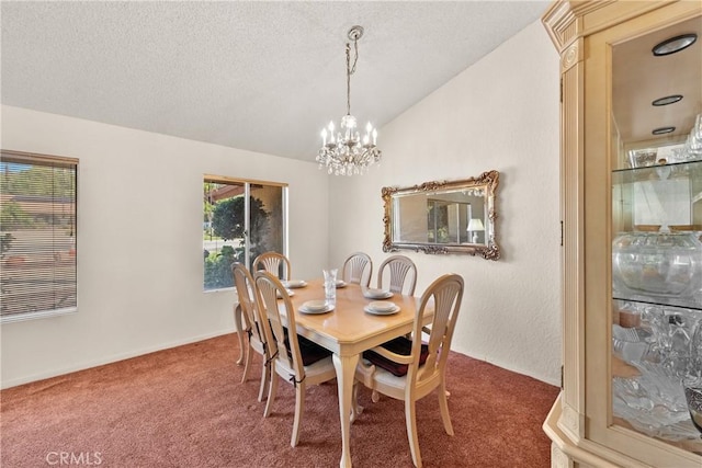 dining area with a textured ceiling, carpet, vaulted ceiling, and a notable chandelier