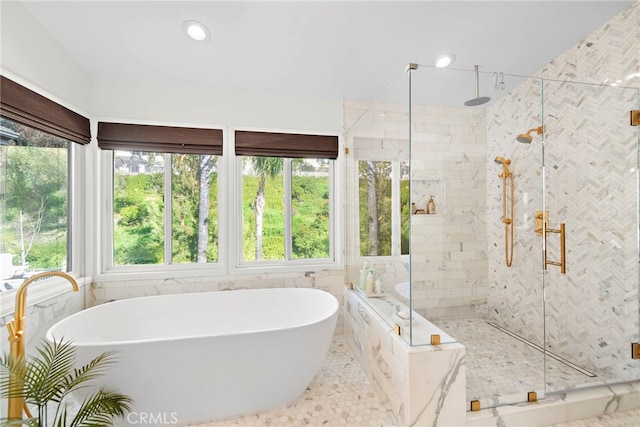 19732 Torres, Lake Forest, CA 92679 - full bath featuring a stall shower, a freestanding tub, recessed lighting, and tile walls