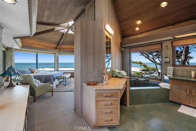 2431 Sherwood Dr, Cambria, CA 93428 - interior space with wood ceiling, a water view, lofted ceiling, and recessed lighting