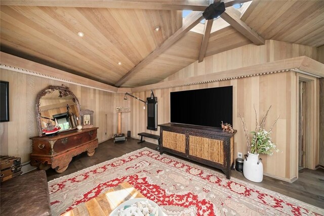 2431 Sherwood Dr, Cambria, CA 93428 - living room featuring wooden ceiling, vaulted ceiling with beams, and wooden walls