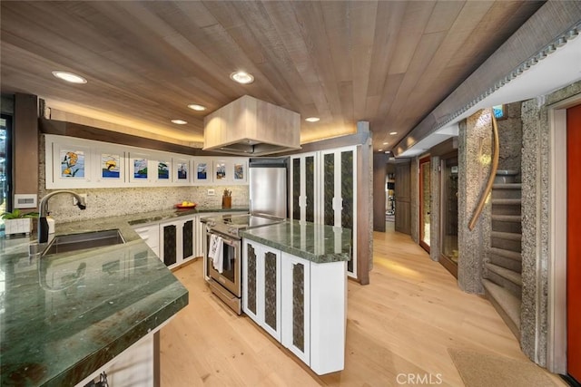 2431 Sherwood Dr, Cambria, CA 93428 - kitchen featuring island range hood, wooden ceiling, a sink, and stainless steel electric range oven