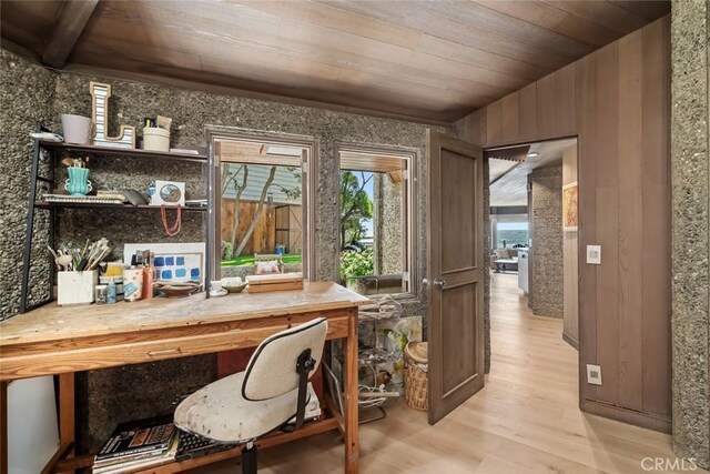 2431 Sherwood Dr, Cambria, CA 93428 - home office featuring wooden ceiling and light wood-type flooring