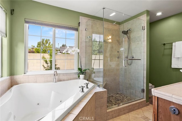 26211 Avenida Deseo, Mission Viejo, CA 92691 - full bath featuring a stall shower, tile patterned flooring, a tub with jets, vanity, and recessed lighting
