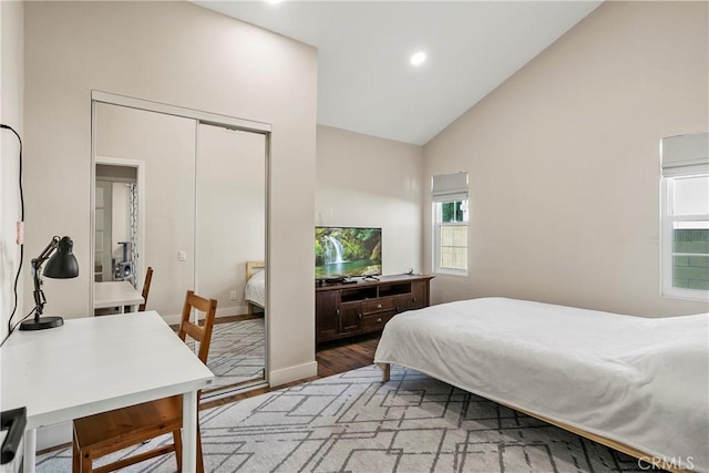 26211 Avenida Deseo, Mission Viejo, CA 92691 - bedroom with high vaulted ceiling, a closet, wood finished floors, and recessed lighting