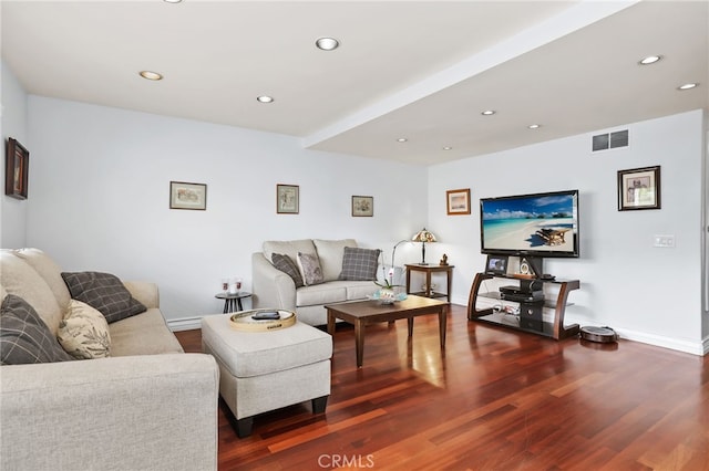 18815 Thornwood Cir Unit Ci32, Huntington Beach, CA 92646 - living area with baseboards, visible vents, recessed lighting, and dark wood-style floors