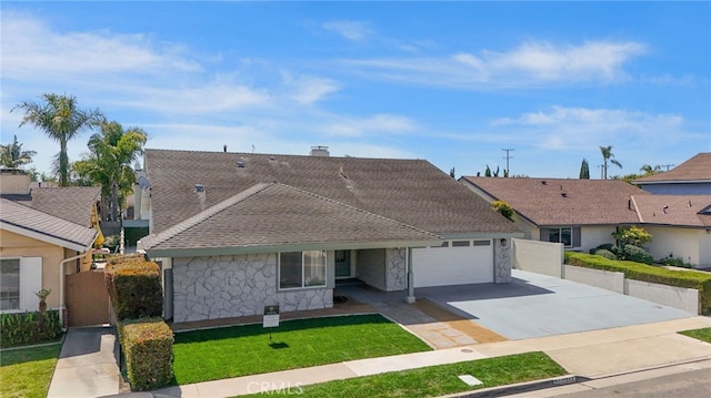 7042 Stonewood Dr, Huntington Beach, CA 92647 - view of front of house featuring stone siding, fence, a garage, concrete driveway, and a shingled roof