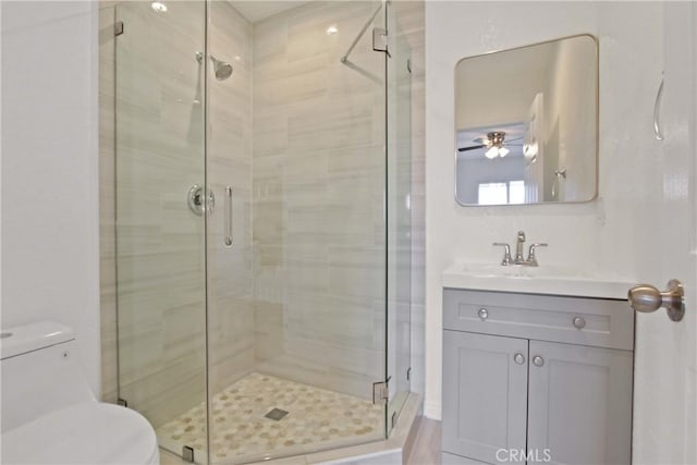 2619 Alice St, Los Angeles, CA 90065 - full bathroom featuring a ceiling fan, toilet, a stall shower, and vanity