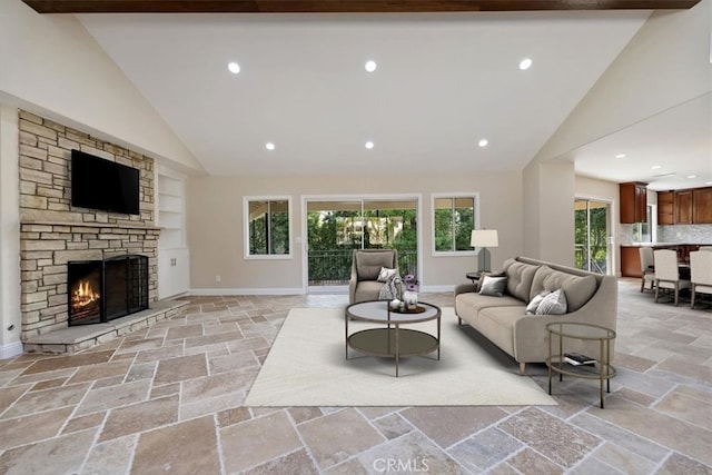 1730 Sunny Knl, Fullerton, CA 92835 - living room featuring stone tile flooring, high vaulted ceiling, recessed lighting, a fireplace, and built in features